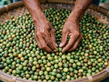 Weathered hands of a Javanese coffee farmer sorting raw green coffee cherries on a bamboo tray, natural light.