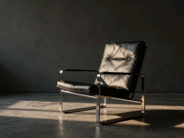 Sleek architectural visualization of a modern lounge, a single minimalist lounge chair in brushed steel and black leather, soft morning light