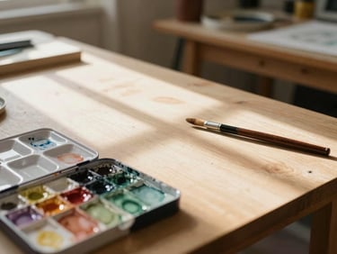 Sunlit art studio interior, wooden worktables, soft natural light, watercolor palettes and brushes, warm editorial style