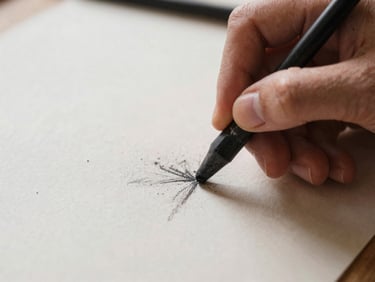 Close-up of hands holding charcoal sticks, drawing on textured paper, visible dust and organic textures, shallow depth of field