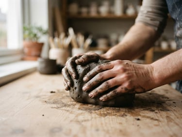 Hands kneading dark wet clay on a light wooden table, soft morning window light, shallow depth of field, 35mm