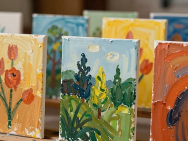 Finished student paintings drying on a rack, vibrant colors, visible brushstrokes and rich textures, warm lighting