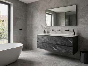 Vue d'ensemble d'une salle de bain moderne et épurée à Strasbourg, finitions parfaites, robinetterie en acier brossé, carrelage gris ardoise, éclairage naturel traversant.
