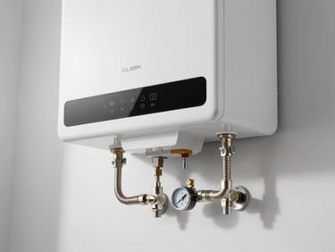 Sleek wall-mounted modern water heater with neat stainless steel flex hoses and pressure gauge, clean white background, daylight.