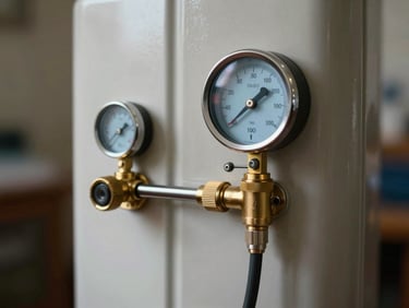 Détail d'un ballon d'eau chaude électrique vertical de dernière génération, raccordements en laiton impeccables, manomètre de pression rétroéclairé.