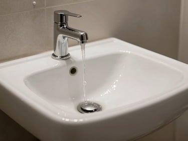 Robinetterie de salle de bain haut de gamme en acier brossé mat, montée sur une vasque en céramique blanche épurée, gouttes d'eau nettes.