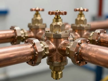 Close-up macro shot of clean copper piping manifold with brass valves, bright neutral technical lighting, sharp focus on engineering details.