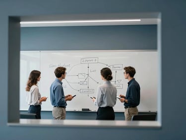 Modern office environment, whiteboard with logical diagrams, focused professionals collaborating, cool natural daylight, architectural framing, 35mm lens
