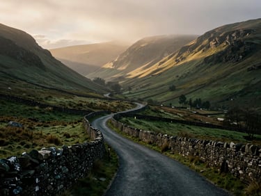 Misty morning over a winding road through the Lake District, UK, with ancient dry stone walls and rolling hills, subtle sunlight breaking through, wide-angle, cinematic.
