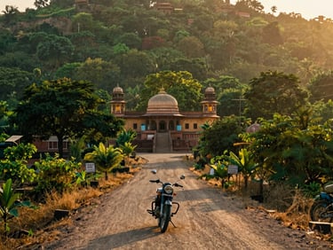 Dusty road in Rajasthan, India, with an old motorcycle in the foreground, vibrant colors, ancient architecture in the background, low sun golden hour, wide-angle, cinematic.