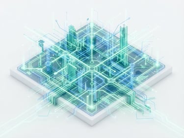 Isometric 3D render of glowing digital network lines in mint green and electric blue on a pure white background, sharp focus, high-key studio lighting
