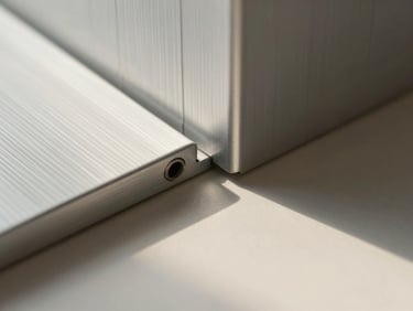Macro crop of a milled aluminum appliance seam, soft directional morning light casting elegant shadows on a warm-white surface, architectural precision.