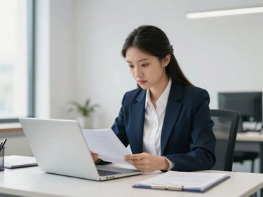Focused young lawyer analyzing documents on a laptop screen in a bright, modern office, 35mm