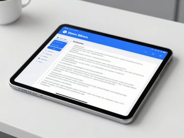A sleek modern digital workspace with a tablet displaying highly structured legal text, bright daylight, clean corporate blue tones, 35mm