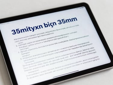 Close-up of a modern digital tablet displaying Turkish legal text, clean workspace, bright daylight, 35mm