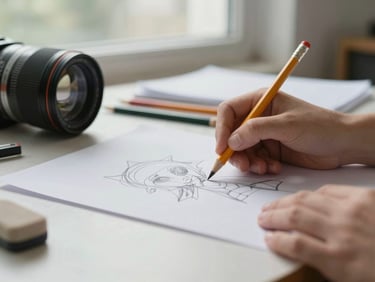 Close-up of young hands sketching on paper at a worktable, pencil mid-stroke, natural overcast light from a nearby window, materials and eraser visible on the surface, no faces