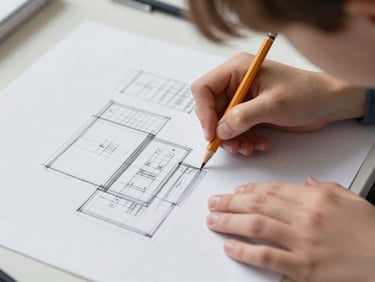 Close detail of a teenager's hands sketching a project diagram on graph paper under diffuse natural daylight, pencil marks visible, concentration evident, no posing