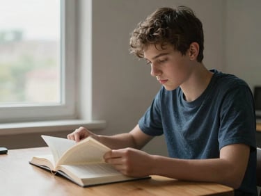 Side-angle shot of a teenager reading a book at a wooden desk, overcast daylight from a window on the left, open pages visible, face turned slightly downward in concentration, unposed
