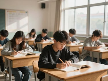 Wide environmental shot of a classroom with teenagers reading and taking notes at wooden desks, natural light from tall windows casting soft shadows, books and pencils on desktops, no one looking at camera