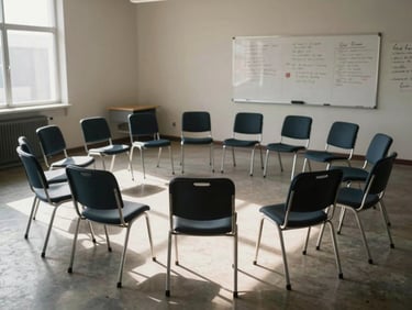 Wide shot of an empty community space with chairs arranged in a circle, sunlight coming through a window on the left side, a whiteboard with handwritten notes visible in the background