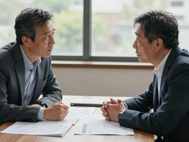 Two adults in conversation across a table with printed reports between them, natural daylight from a nearby window, focused and unhurried atmosphere