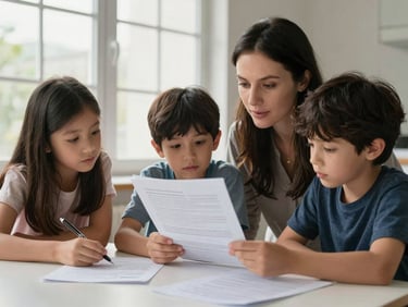 Tight shot of a family — mother and two children — seated at a table reviewing printed documents together under north-facing window light, honest and unposed, papers and pens on the surface