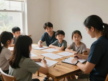 Wide shot of a family sitting together around a table with papers and a community worker taking notes, natural daylight from a side window, warm but unstaged, no one posed