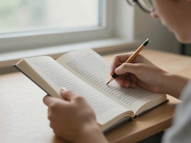 Close detail of a teenager's hands holding an open book with annotations in pencil, natural overcast window light, table surface visible, honest and unposed