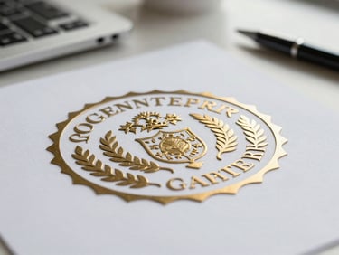 Close detail of a government partnership seal or official document header on a desk, natural office light, clean background