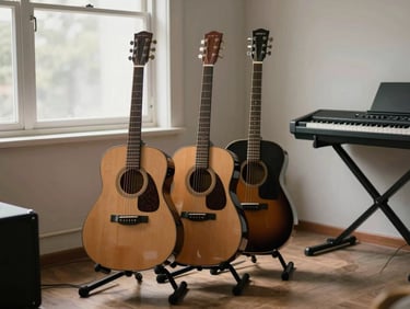 Environmental shot of a room with musical instruments — guitars, a keyboard — resting on stands, natural light through a side window, no people present, quiet and purposeful