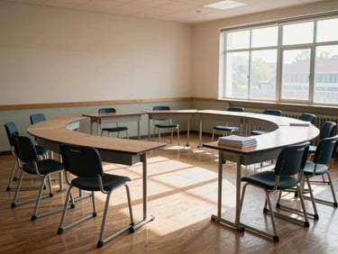 Wide shot of an empty classroom in a community center just before students arrive — chairs arranged in a circle, morning light crossing the floor from a side window, notebooks stacked on a table, quiet and expectant atmosphere