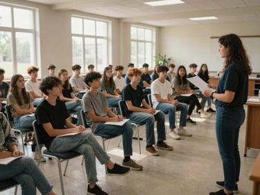 Environmental wide shot of a community meeting room with chairs in rows, a facilitator standing at the front holding printed materials, teenagers in the seats listening, natural light from high windows, documentary style
