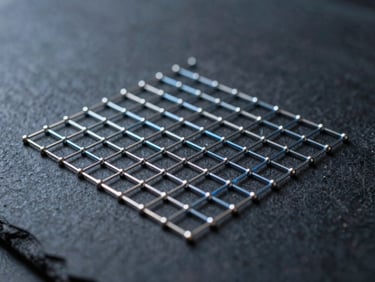 Macro shot of a precise geometric data grid, cool blue and white light reflecting off sharp structural nodes, expansive dark slate background with generous negative space.