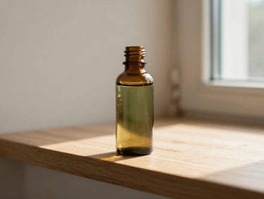 An amber glass bottle of herbal tincture sitting on a sunlit wooden shelf, soft shadows, warm natural light, 35mm