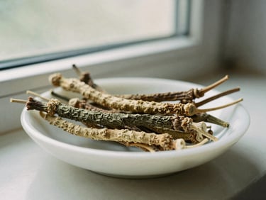 Dried botanical roots arranged neatly on an alabaster dish, soft diffused window light, muted earthy tones, 35mm