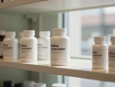 Curated shelf of clean white clinical supplement bottles in a sunlit Georgetown boutique, soft natural daylight, shallow depth of field.