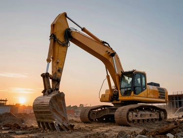 A massive heavy excavator working on a dusty construction site at dusk, dramatic orange sunset rim lighting, low angle powerful composition, high contrast.