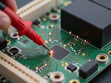 Extreme close-up macro shot of an open automotive ECU circuit board, diagnostic probes touching microscopic contact points, subtle orange glowing LED lights, technical engineering atmosphere