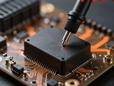Extreme close-up of a high-tech ECU circuit board with diagnostic probe pins connected, subtle orange neon glowing telemetry lines in a dark background, professional macro automotive photography