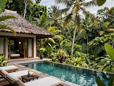 Minimalist teak and local stone structure in Bali, framed by tropical foliage, soft overcast daylight, medium format film texture.