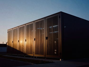 Architectural elevation of a modern data center facility, clean geometric lines, high-contrast shadows, dramatic natural twilight lighting.