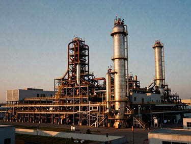 Wide environmental shot of a massive industrial manufacturing plant with integrated modern architectural energy structures, dramatic golden hour lighting, clean lines, medium format film