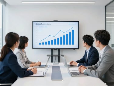 Modern collaborative boardroom with professionals looking at financial growth charts on a screen, clean white and electric blue tones, sharp focus, 35mm