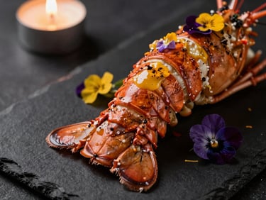 Macro close-up of a beautifully plated tandoori lobster tail with edible flowers and saffron emulsion on black slate, dramatic low-key lighting.