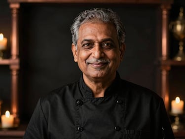 Warm-toned portrait of a senior Indian chef in a clean black uniform, smiling softly, dark background, golden candlelight glow.