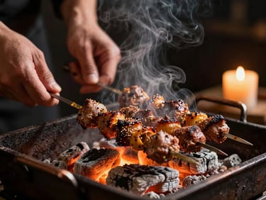 Tight action shot of a chef's hands searing spiced skewers over glowing charcoal embers, rising steam, dramatic low-key lighting, warm candlelight glow.
