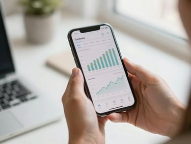 Close-up of hands holding a smartphone displaying a clean interface with financial charts, bright natural daylight, soft clean tones