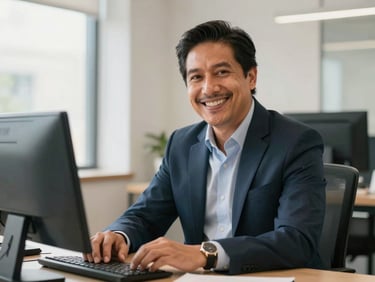 A professional Mexican advisor in a bright, modern office smiling warmly, soft daylight, 35mm lens.