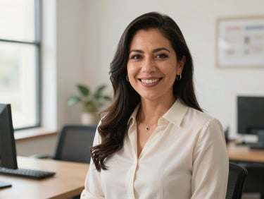 Warm editorial portrait of a professional Mexican advisor in a bright, natural office environment, smiling warmly, soft clean tones, 35mm lens