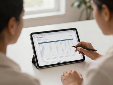 A modern workspace with a tablet displaying a clear financial document, clean daylight, professional setup.